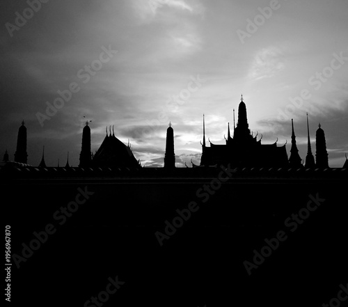 Silhouette of Bangkok old town and temple in black and white photo
