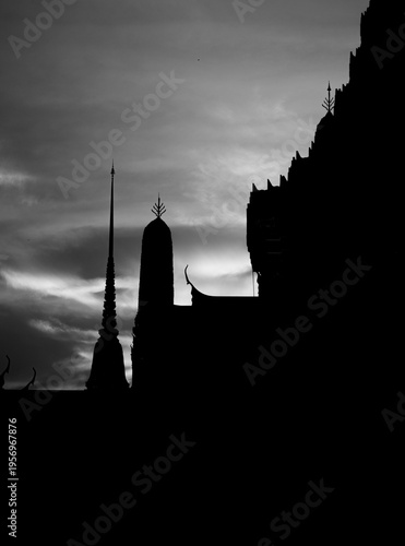 Silhouette of Bangkok old town and temple in black and white photo