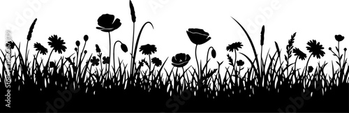 Black silhouette wildflowers and grass vector border
