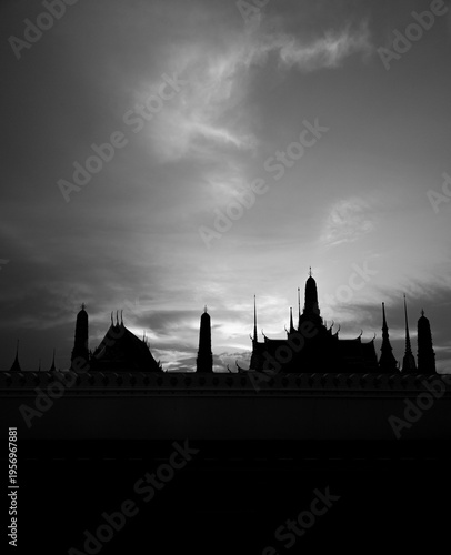 Silhouette of Bangkok old town and temple in black and white photo