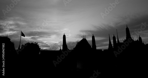 Silhouette of Bangkok old town and temple in black and white photo