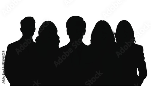 Five business professionals stand together as a unified team silhouette against a bright white background.