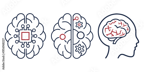 Brain and human head with red accents on white background line black and white neurology