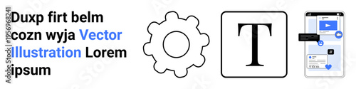 Technology, software development, typography, mobile applications, user interface, innovation. Gear design, text element and smartphone interface on a white background. Technology and typography