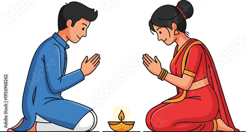 Happy Indian couple bowing in traditional prayer gesture during cultural festival