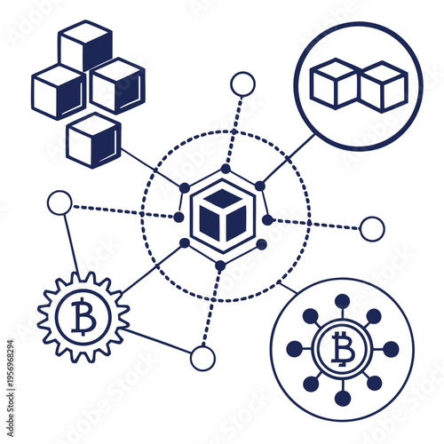 Blockchain network with bitcoin and cube on white background cryptocurrency