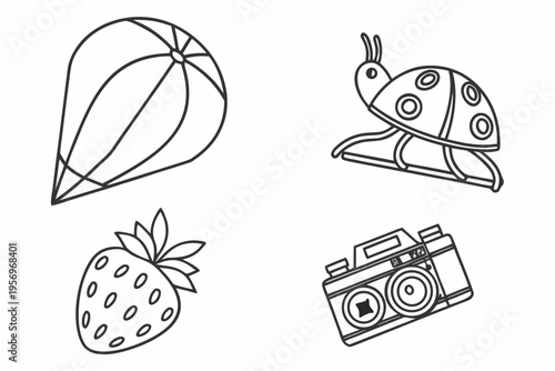 Simple line of a parachute, ladybug, strawberry, and camera