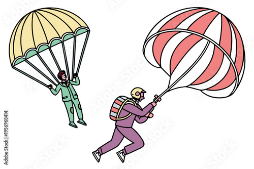 Cartoon parachuters in colorful outfits with parachutes funny