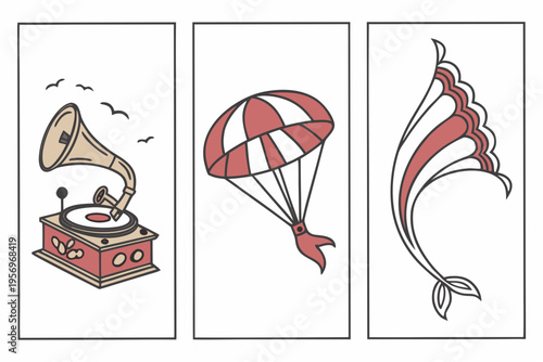 Vintage style of a gramophone parachute and jellyfish cartoon