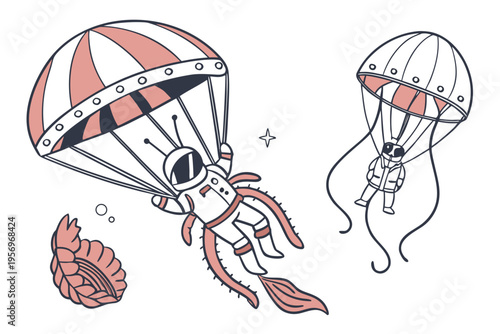 Astronaut octopus and squid parachuting in space with seashell