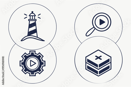 Four including a lighthouse magnifying glass and gear lighthouses magnifying glasses gears
