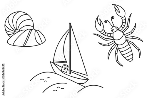 Simple line of a sailboat, lobster, and seashell ocean beach