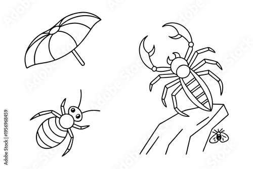 Line of scorpion, beetle, and ladybug on white background line black and white insects