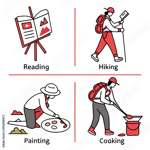 Four people enjoying hobbies like reading hiking painting cooking book