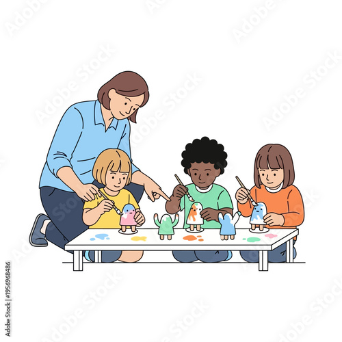 Children Painting Crafts with Teacher - Creative Art Class Fun