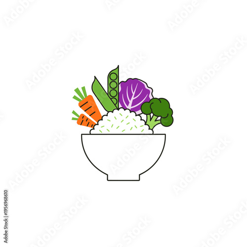 Healthy Bowl of Rice with Fresh Vegetables - Carrots, Broccoli, Cabbage, Peas