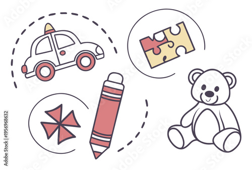 Colorful childish of toys and school supplies on white toy car puzzle teddy bear pinwheel