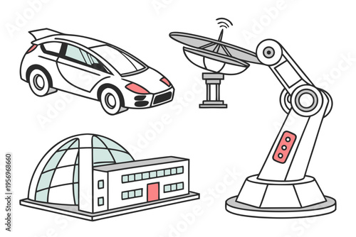 Black and white of futuristic technology robotic arm satellite dish building