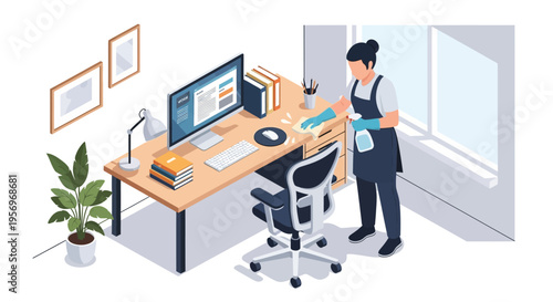 Isometric illustration of a professional cleaner disinfecting an office desk with a computer, chair, and plant in a modern workspace.