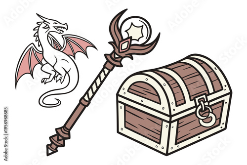 Fantasy of a dragon and a magical staff with treasure chest