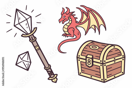 Fantasy of a dragon, sword, and treasure chest magic