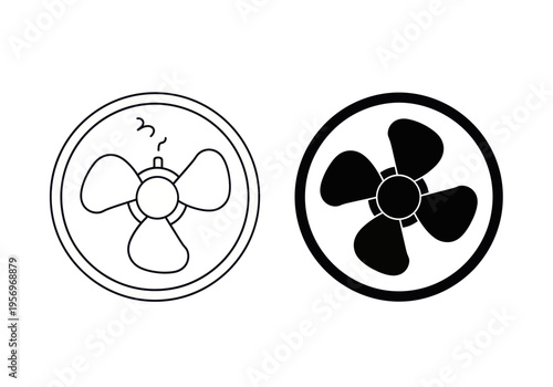 Two fan illustrations depict a rotating device with blades in black and line art styles.