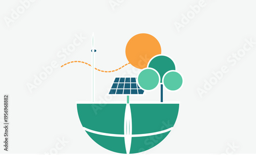 Minimalist flat design illustration of a green earth globe with wind turbine solar panels trees and orange sun.