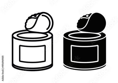 Two tin cans with lids open sitting on surface in front of background