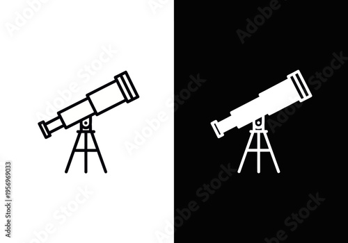 Telescope illustration shows astronomical instrument on tripod stand in night sky observation setting.
