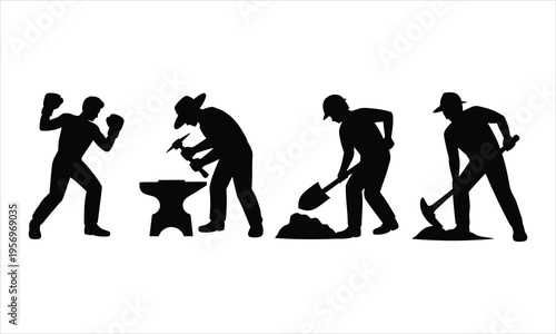 Silhouettes of a boxer, a blacksmith, and two construction workers digging on a white background