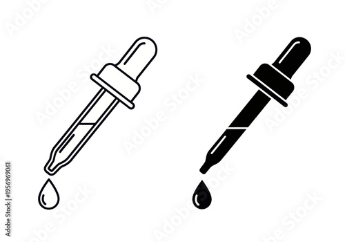 Two dropper bottles are dripping liquid in a dark and light style