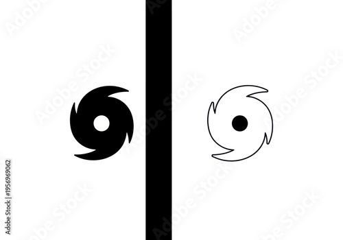 A graphic illustration shows two abstract circular icons with curved blades on either side of a thick black vertical line.