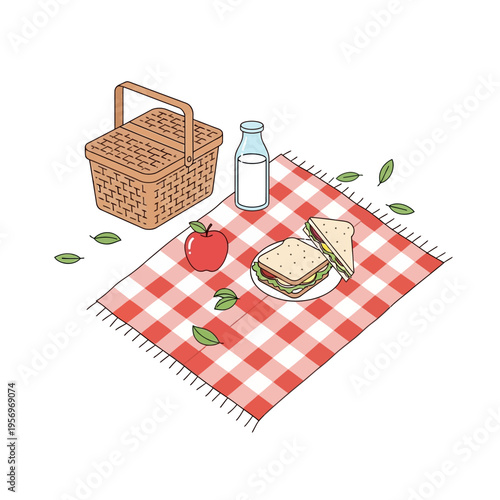 Picnic Basket with Sandwiches, Apple, and Milk on Red Checkered Blanket