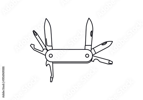 A detailed illustration of a multi-tool with various attachments is shown on a white background.