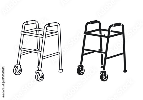 Two walkers with wheels are shown side by side in black and white line art illustrations