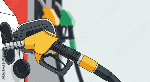 A yellow fuel pump nozzle filling a car's tank at a gas station, with other nozzles in the background.