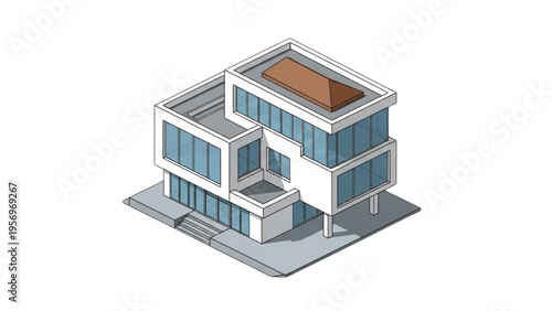 Modern house exterior with blue windows on a rooftop terrace overlooking city