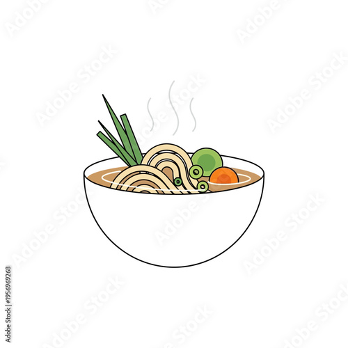 Steaming Bowl of Noodles with Vegetables - Flat Design Illustration