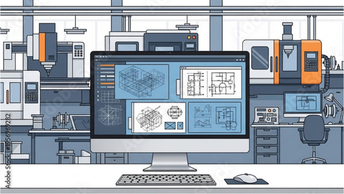 An office worker views architectural blueprints on a computer screen.