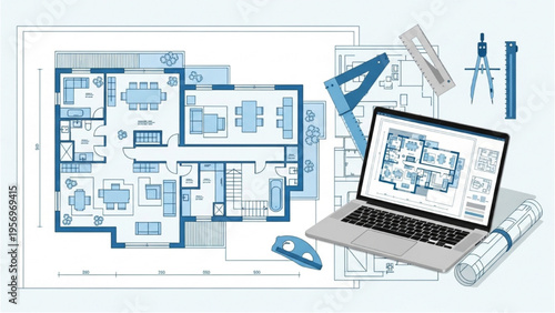 Architects plan blueprints on laptop with drafting tools nearby indoors