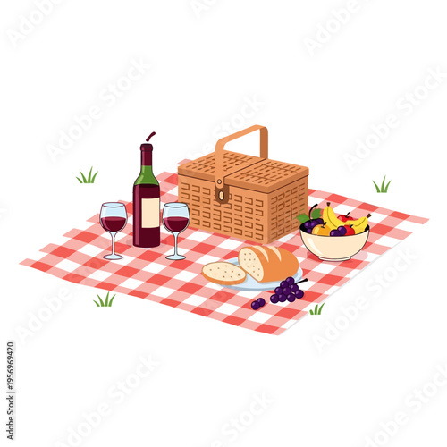 Summer Picnic Basket with Wine, Fruit, and Bread on a Gingham Blanket