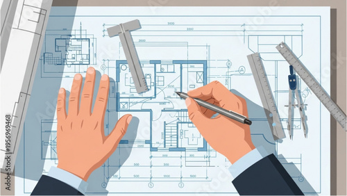 A person draws a building plan with hands holding pencil and ruler on architectural paper
