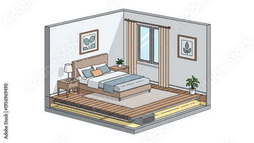 A cozy bedroom interior with bed, furniture, and decor in a modern house