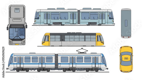 The illustration shows various views of a modern tram with yellow and blue colors.