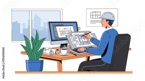 Man working on blueprint at desk with computer and plant in office