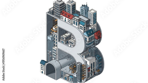 Cityscape illustration features a large letter D made of buildings and roads with various structures.