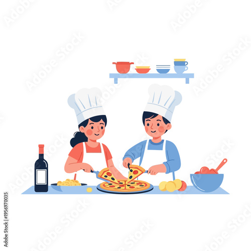 Children cooking pizza in kitchen, making food, learning culinary arts, fun family activity, vector illustration