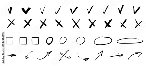 Check marks hand drawn doodle vector set. Handwriting charcoal pencil correct or incorrect symbols. Doodle vote strokes marks for check list items. 