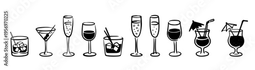 Cocktail and Beverage Stroke Icon Set. Containing Wine, Martini, Champagne, Whiskey and more.