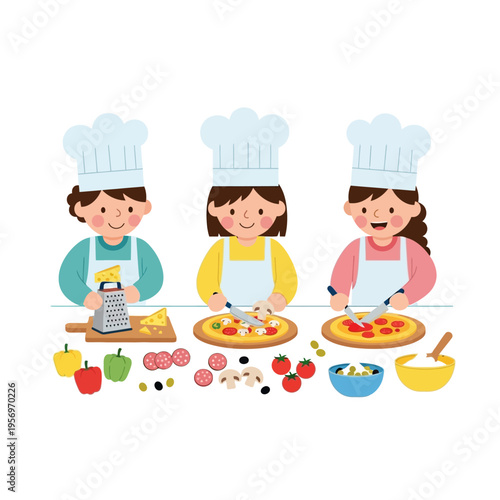 Children In Chef Hats Making Pizza Together, Cooking Class Fun, Food Preparation